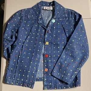 Vintage Keren Hart Rainbow Polka Dot Embroidered Denim Jean Jacket Women's M EUC